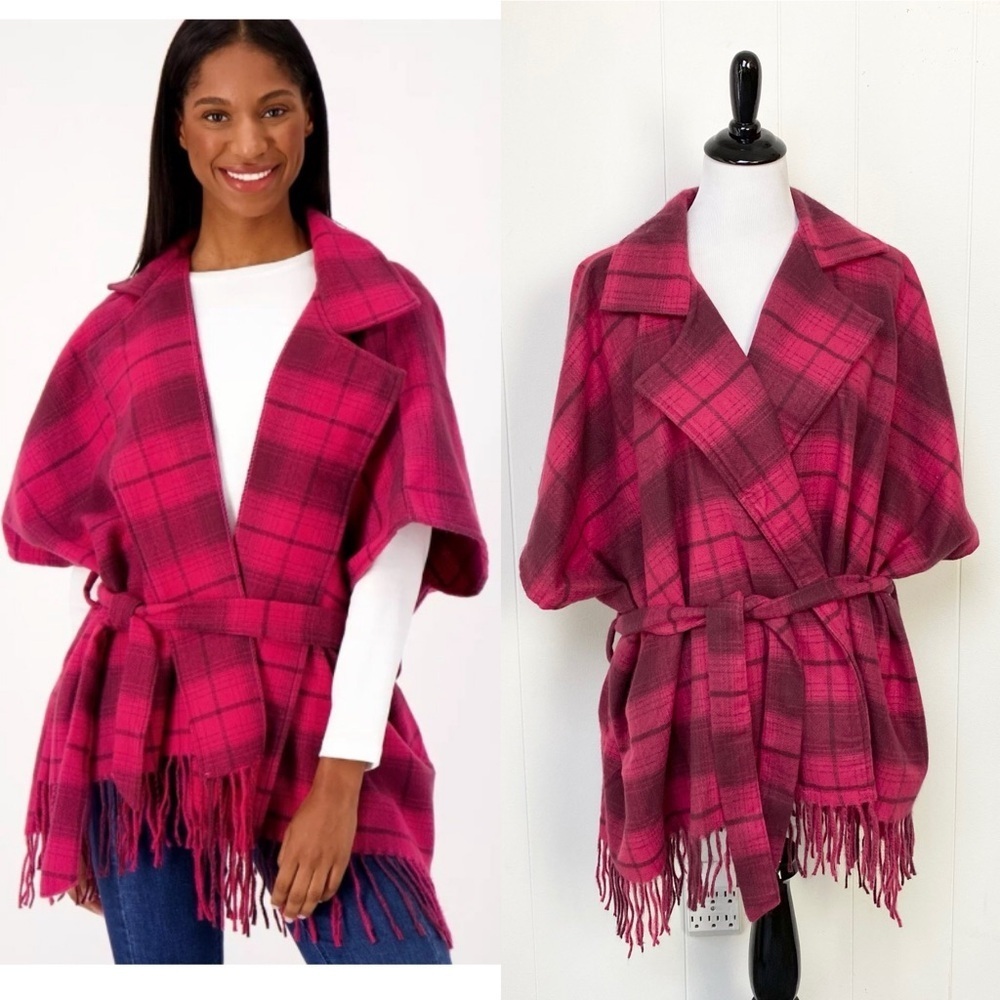 QVC Isaac Mizrahi Livel Notch Collar Ruana Womens One Size OS Burgundy Plaid‎